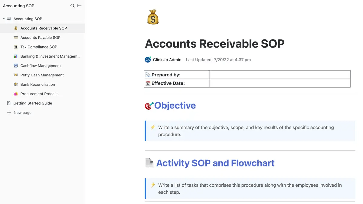 Modèle de procédures opératoires normalisées de ClickUp Comptabilité