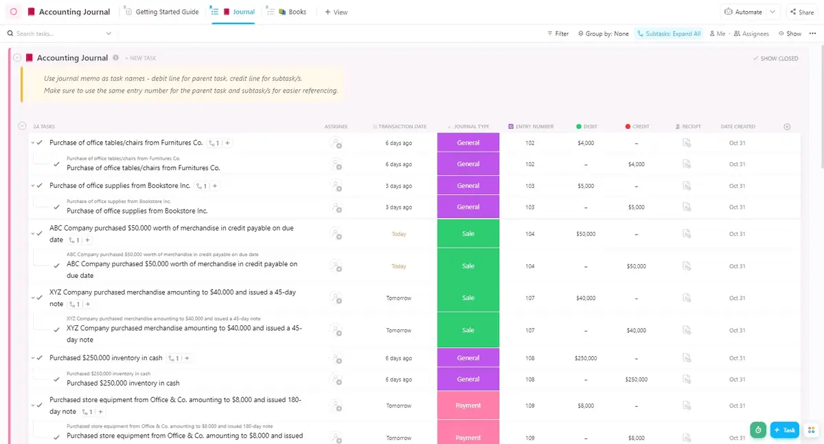 ClickUp Accounting Journal Templateを使えば、アカウントデータを手入力することなくビジネスの成果をモニタリングできます。