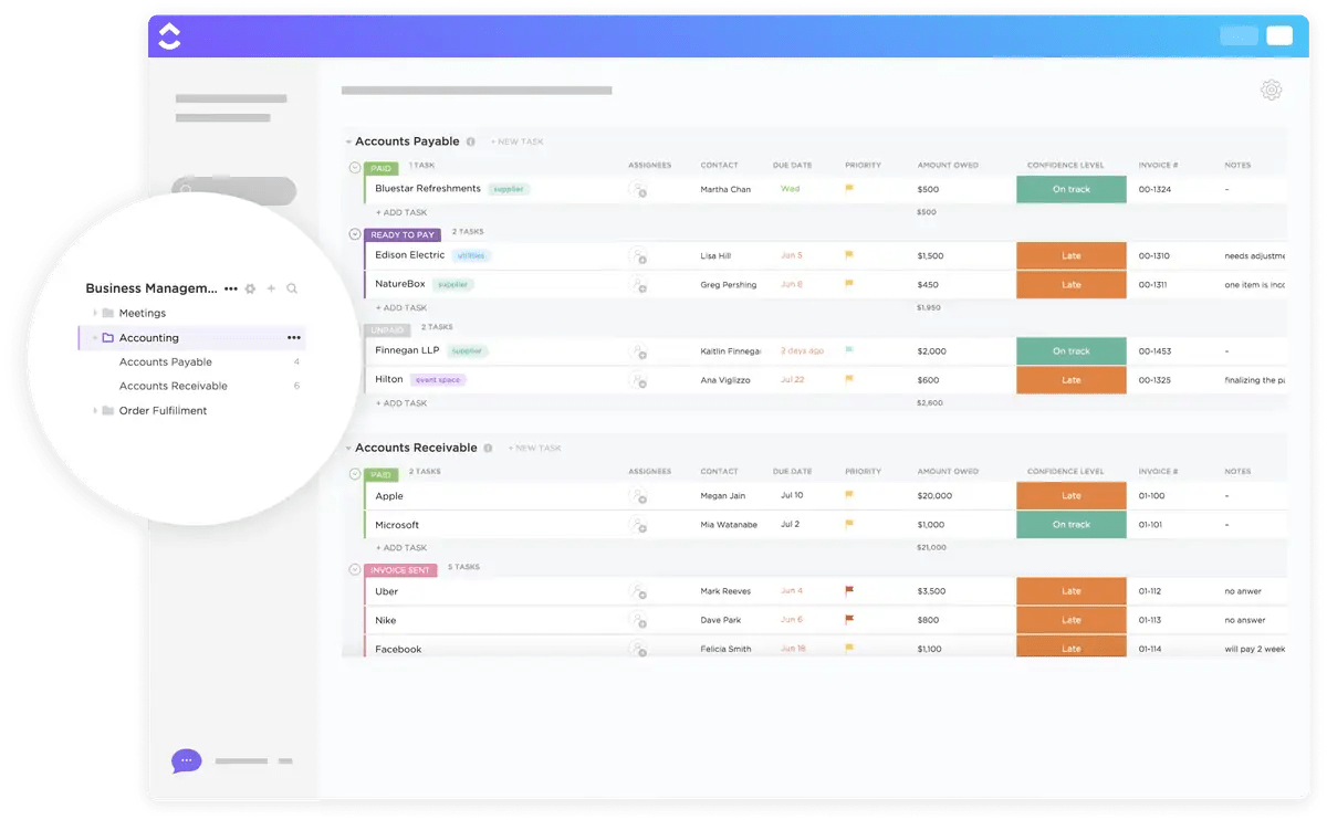 Use a solução completa de gerenciamento de negócios para fazer tudo relacionado à contabilidade com o ClickUp Accounting Template