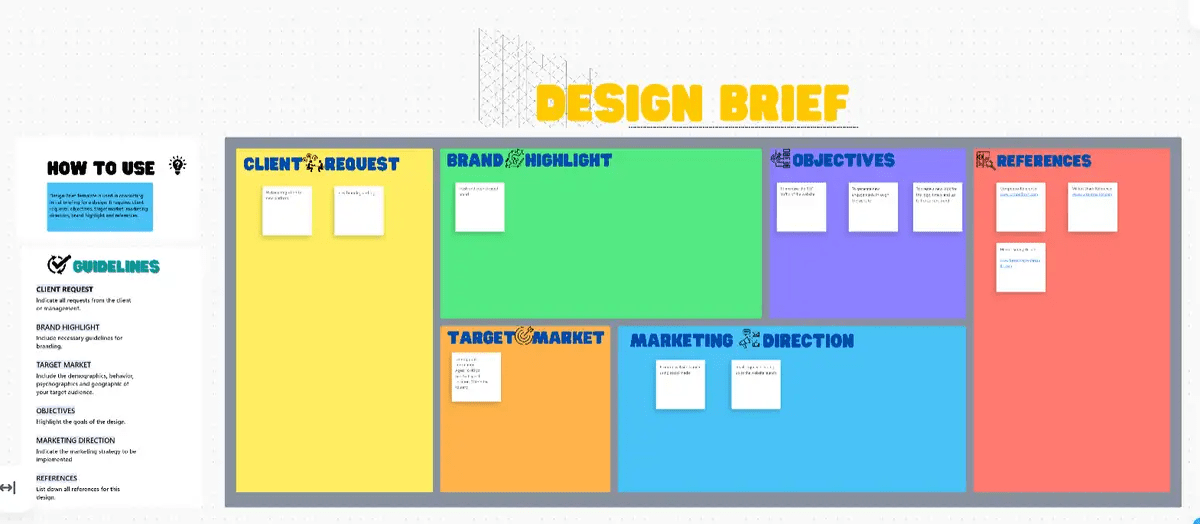 Use a visual layout with task lists for collaborative brainstorming with the ClickUp Design Brief Template
