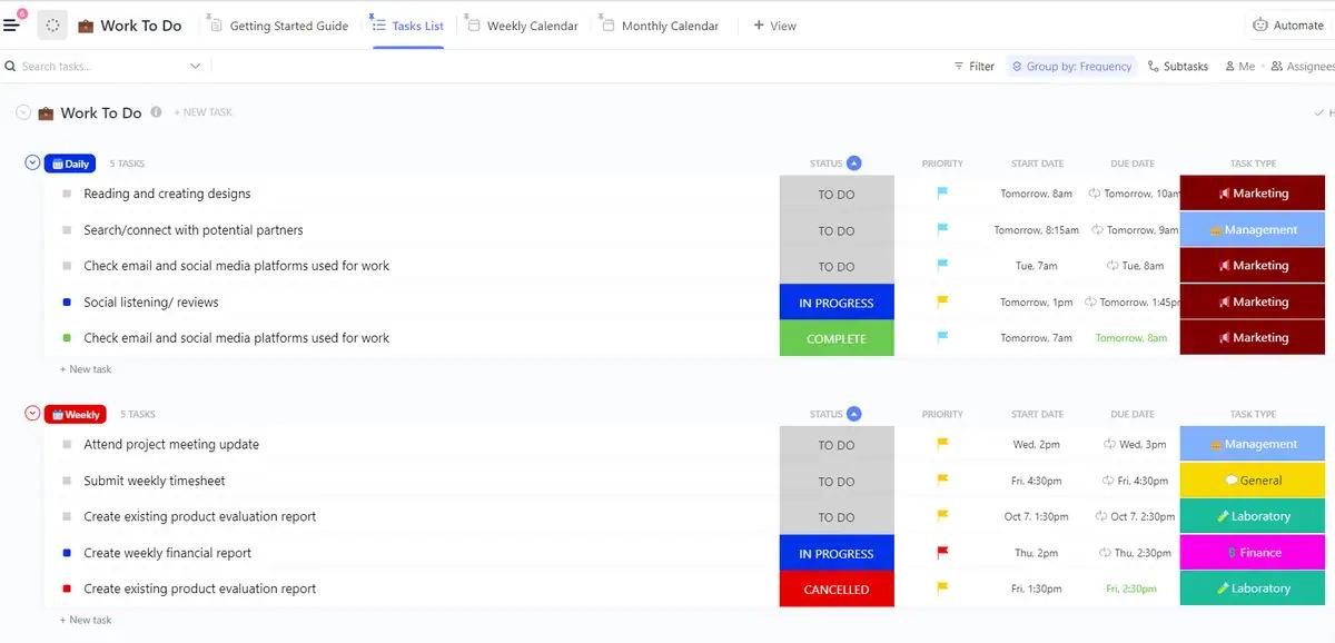 Identifiez les priorités des tâches et stimulez la productivité avec le modèle de travail à faire de ClickUp