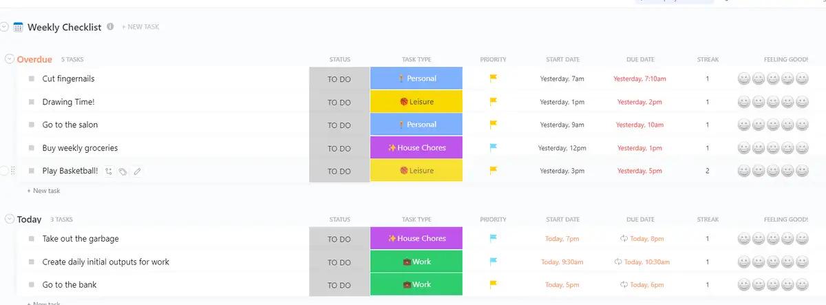 Cree una lista de tareas semanales, realice un seguimiento del progreso y siéntase inspirado para trabajar en pos de sus metas a corto plazo con la plantilla de lista de control semanal de ClickUp