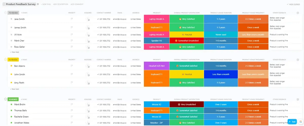 Analyze user responses and use the results to inform decisions in your SDLC with ClickUp’s Product Feedback Survey Template