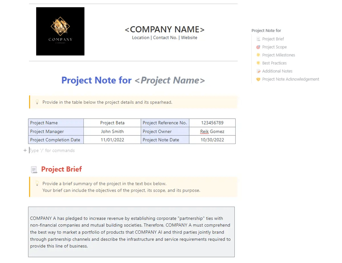 ClickUp’s Project Note Template  