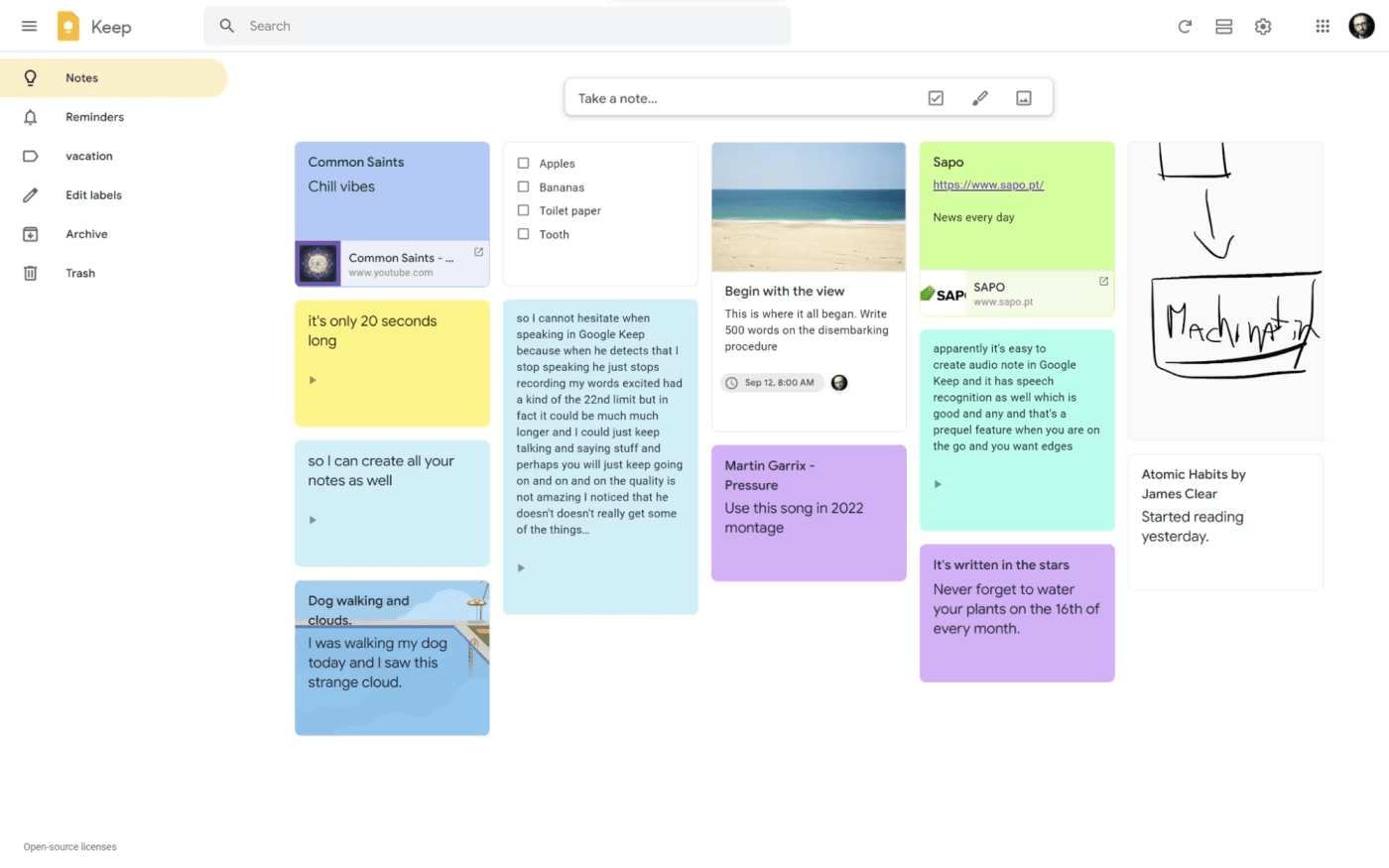 Painel de controle do Google Keep