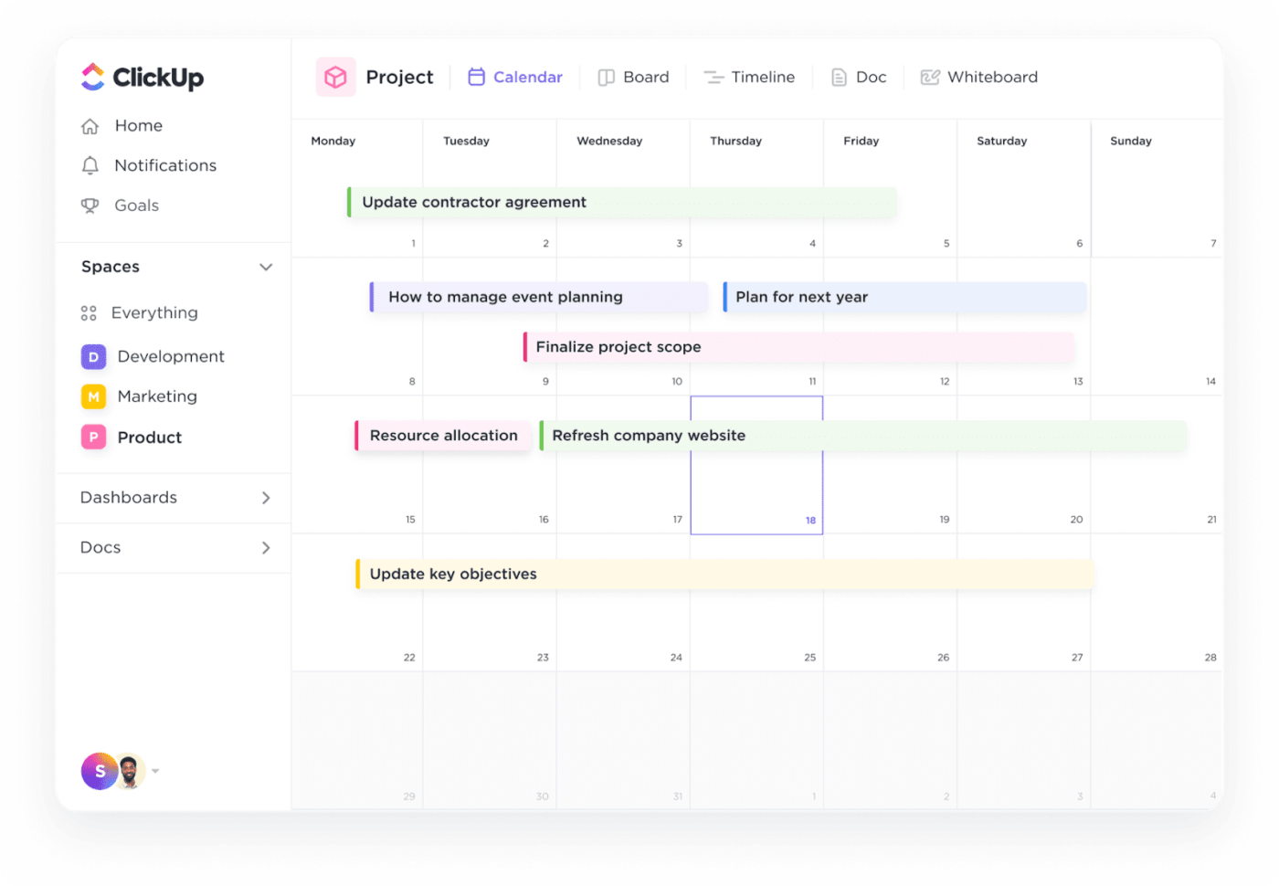 Visualize e gerencie facilmente o calendário de toda a sua semana com a visualização de calendário do ClickUp