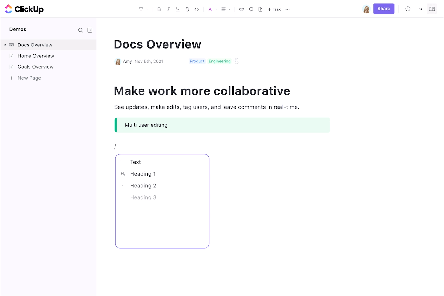 ClickUp Docs for all documentation related to your collaborative workspace