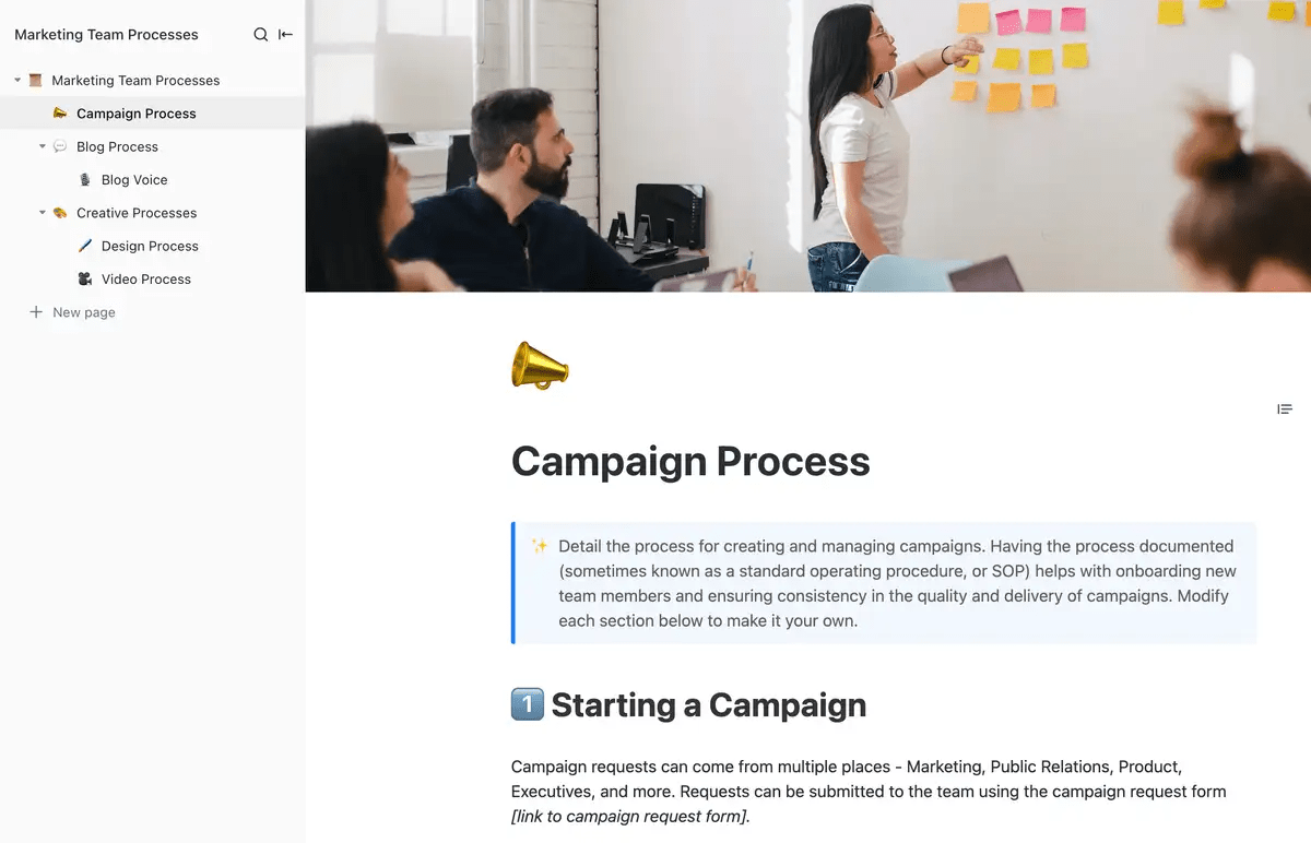 ClickUp's Marketing Team Processes Template is designed to help marketing teams plan and execute projects.