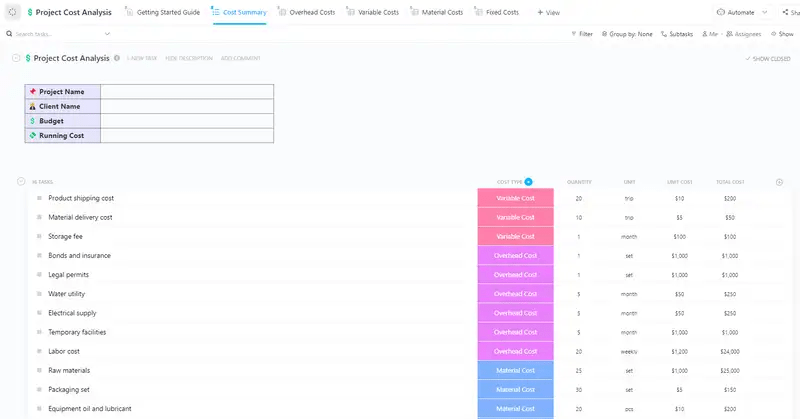 Surveillez les coûts du projet et établissez des forfaits en conséquence en utilisant le modèle d'analyse des coûts du projet de ClickUp