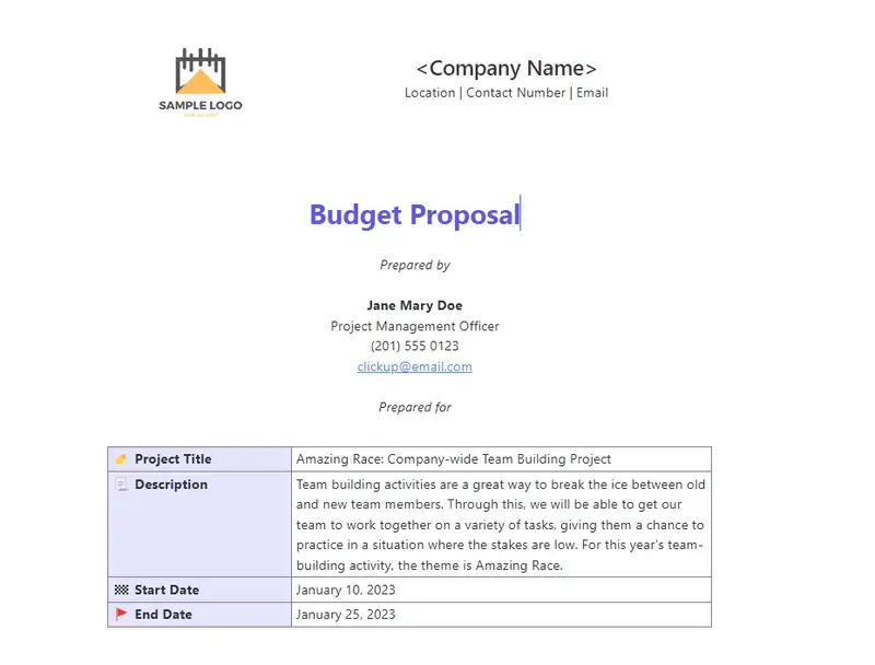 Get a snapshot of detailed project costs with ClickUp’s Budget Proposal Template 