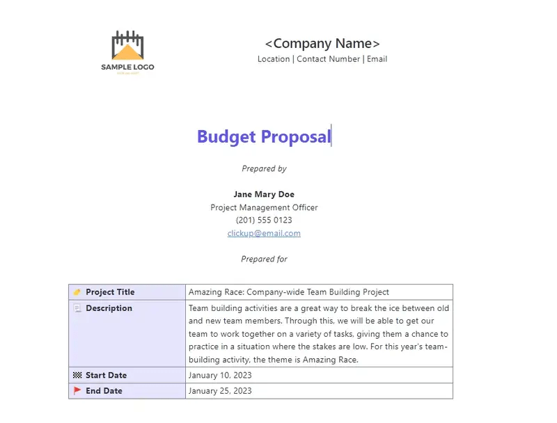 ClickUp Budget Proposal Template（クリックアップ予算案テンプレート）を使ってプロジェクトの支出を概説しましょう。