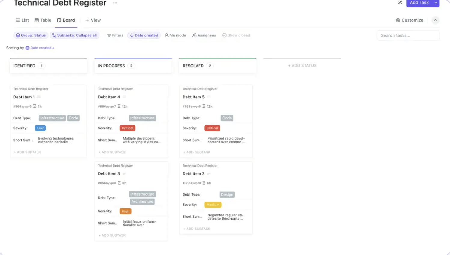 Use the ClickUp Technical Debt Register Template to track, manage, and alleviate your technical debt