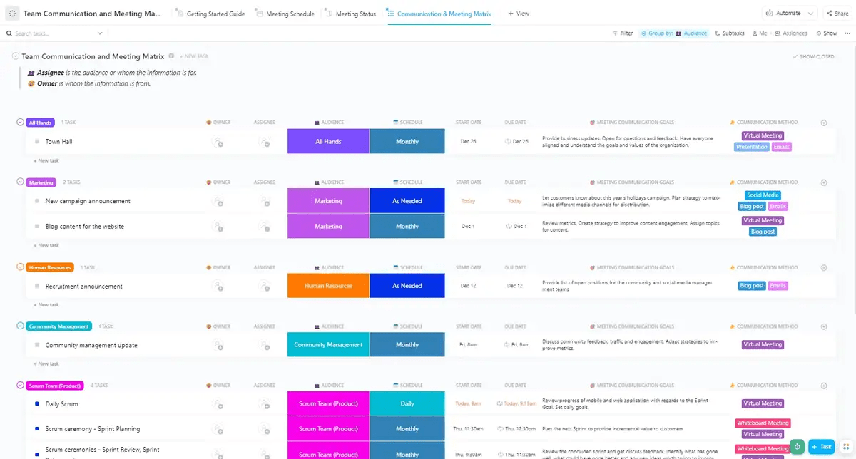 Acompanhe as responsabilidades das tarefas, estabeleça linhas claras de comunicação e defina cronogramas de reuniões com o modelo de matriz de reuniões e comunicação de equipe do ClickUp