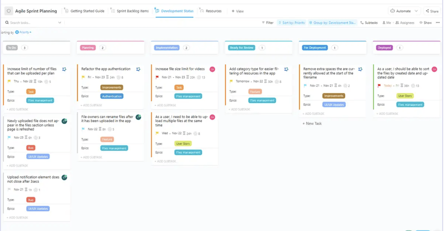 Customize ClickUp’s Agile Sprint Planning Template, which comes with different task statuses, views, and more