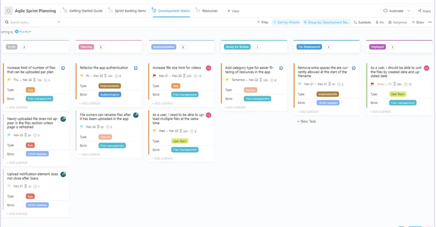 Personalize o modelo de planejamento Agile Sprint do ClickUp, que vem com diferentes status de tarefas, visualizações e muito mais