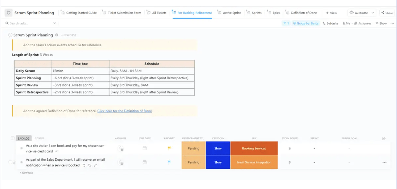 Organize daily scrums and monitor team productivity with ClickUp’s Scrum Planning Template