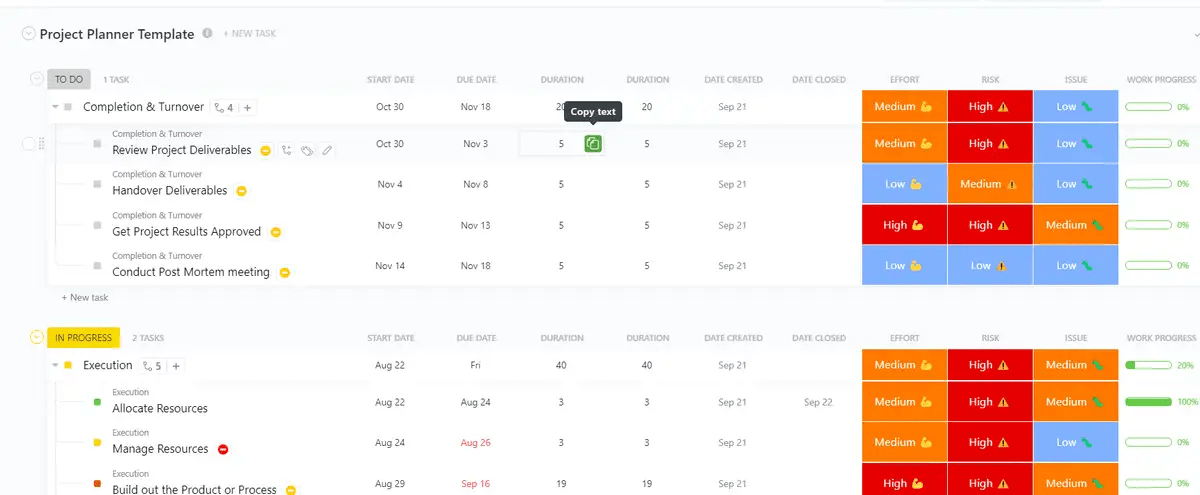 ClickUp's Project Planner template is designed to help you organize and track progress of projects.