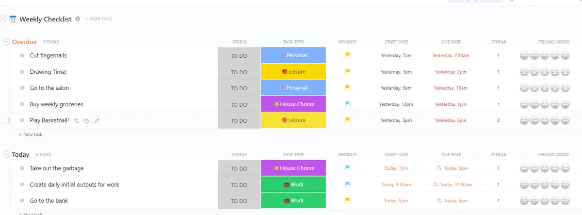 Plot your daily tasks and customize your checklist to fit the needs of any project with ClickUp’s Weekly Checklist Template