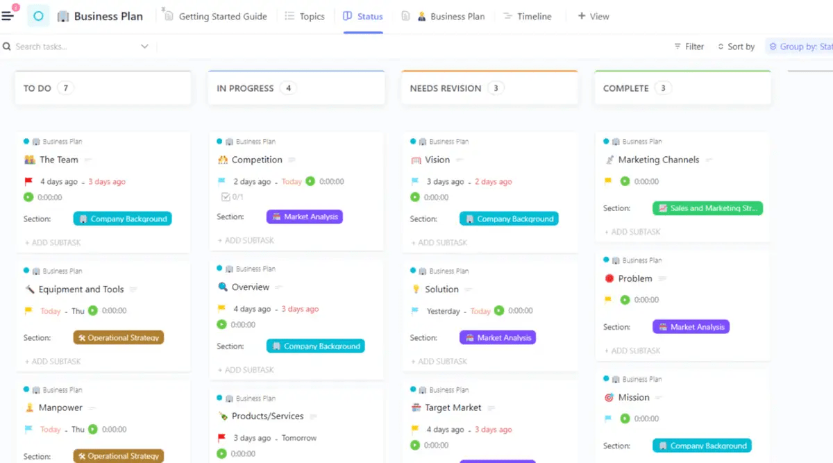 Le modèle de plan d'affaires de ClickUp est conçu pour vous aider à créer et à suivre un plan d'affaires complet.