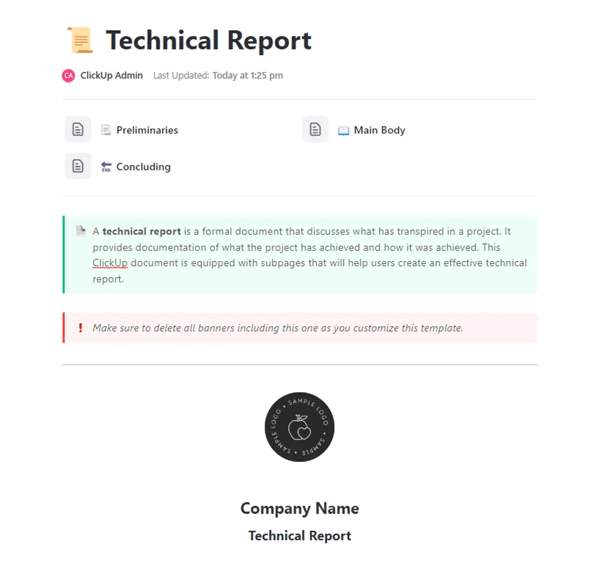 State the purpose and scope of your report effectively with ClickUp’s Technical Report Cover Template