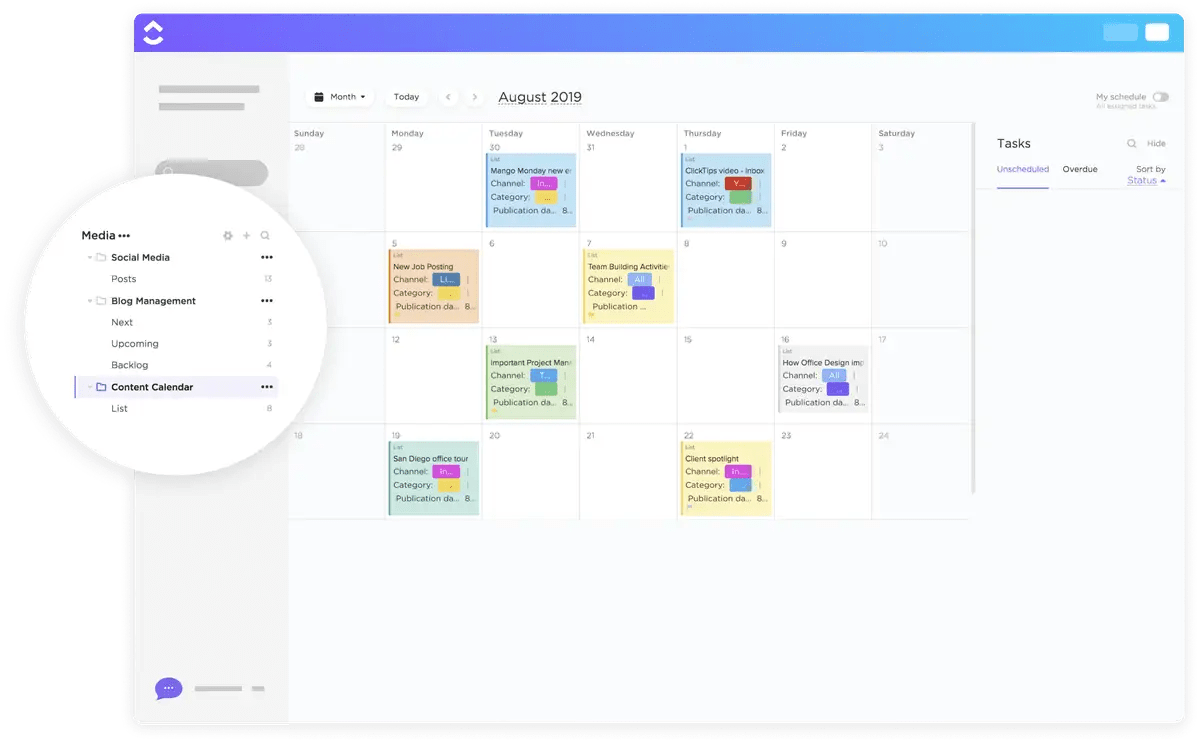 Organisez le contenu par type, canal et date de publication et atteignez vos objectifs de création de contenu grâce à la vue du calendrier de ClickUp