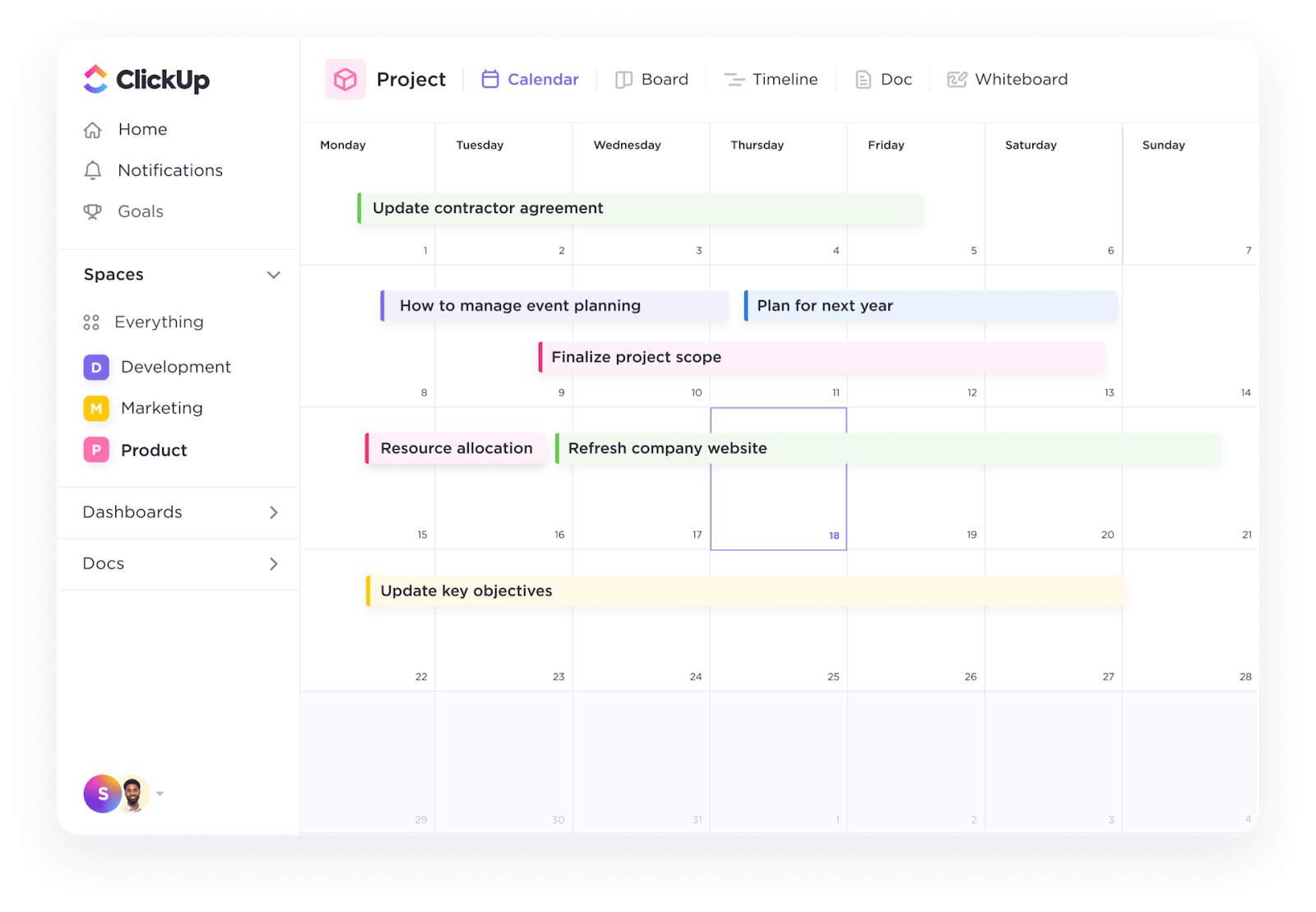 View your scheduled tasks in a daily, weekly, or monthly format with ClickUp’s Calendar View