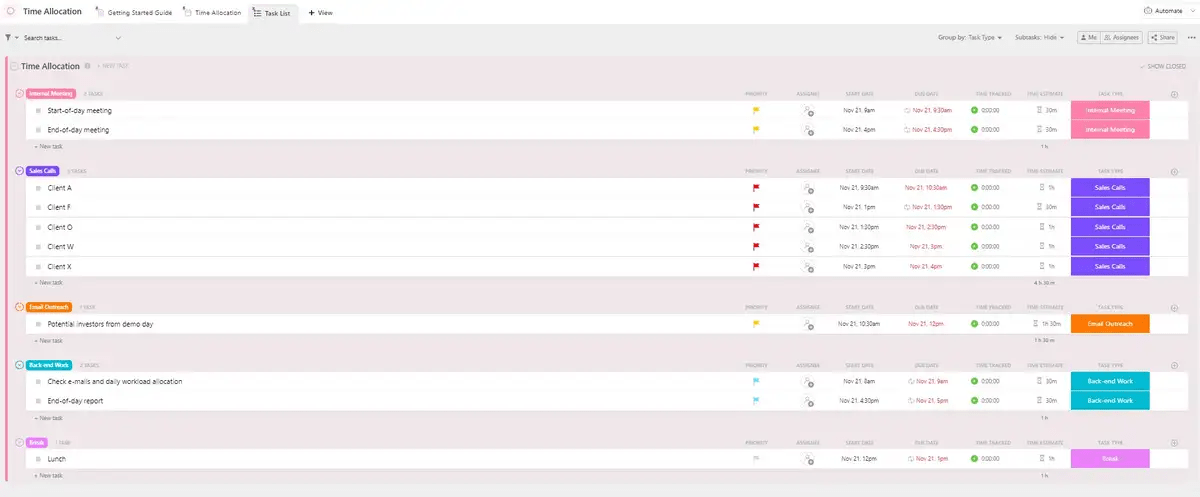 Complete all your daily tasks with confidence with the help of ClickUp’s Time Allocation Template