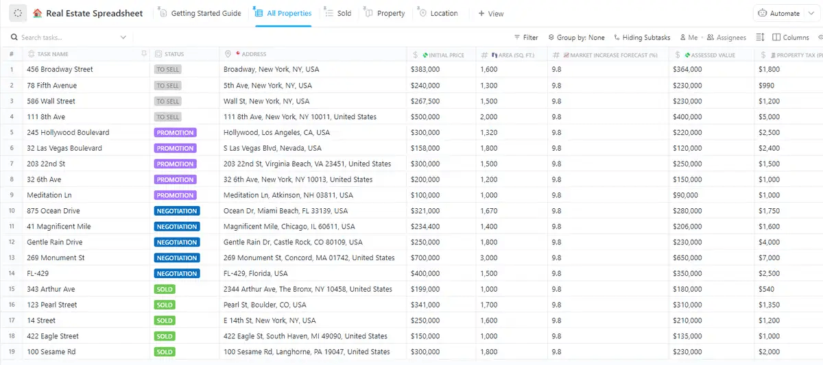 Organize all information regarding your work, transactions, clients, and team members on ClickUp Real Estate Spreadsheet Template