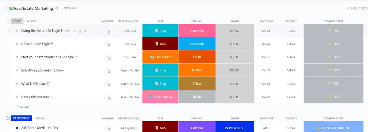 Manage, plan, strategize, and monitor your entire marketing flow with the ClickUp Real Estate Marketing Template