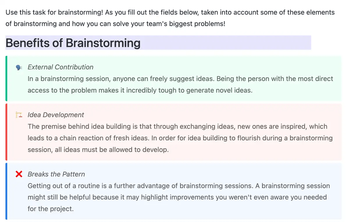 El brainstorming es una de las mejores formas de aportar ideas, y esta plantilla te ayudará a hacerlo más fácil. Esta plantilla incluye consejos útiles sobre cómo empezar y cómo mantener organizada la sesión de lluvia de ideas.  