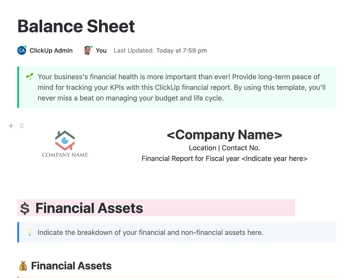 Simplify your financial record-keeping and analysis with the ClickUp Balance Sheet Template