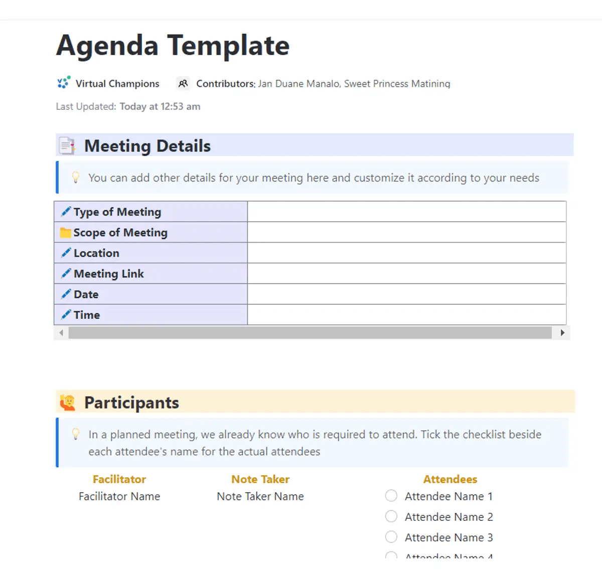 Establish structure and order for your meetings with ClickUp’s Agenda Template