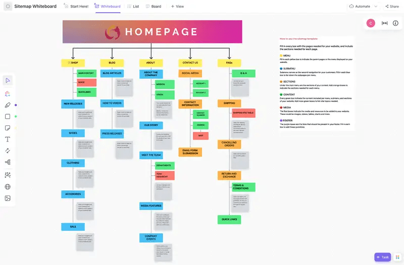 Organize your strategies and plans for your website through ClickUp’s Sitemap Whiteboard Template