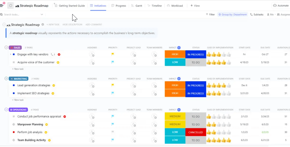 Visualize your team's strategic plan with the ClickUp Strategic Roadmap List Template 