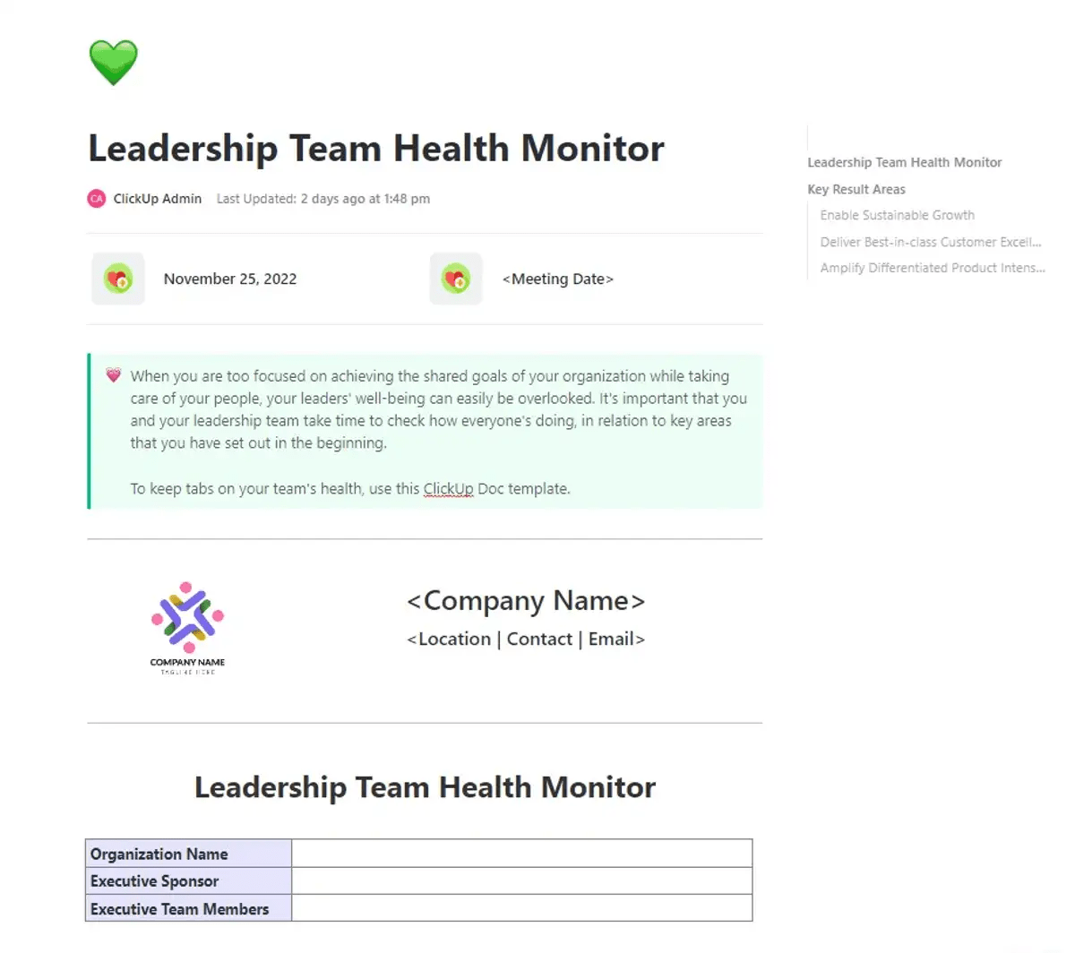 ClickUp's Leadership Team Health Monitor Template is designed to help you monitor the overall health of your leadership team.