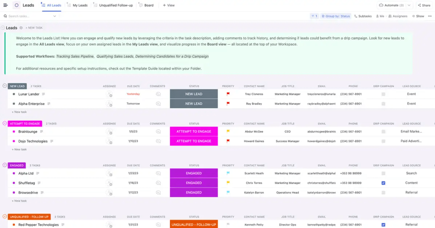 Manage your pipeline, track leads, and build lasting customer relationships with ClickUp's CRM Template 