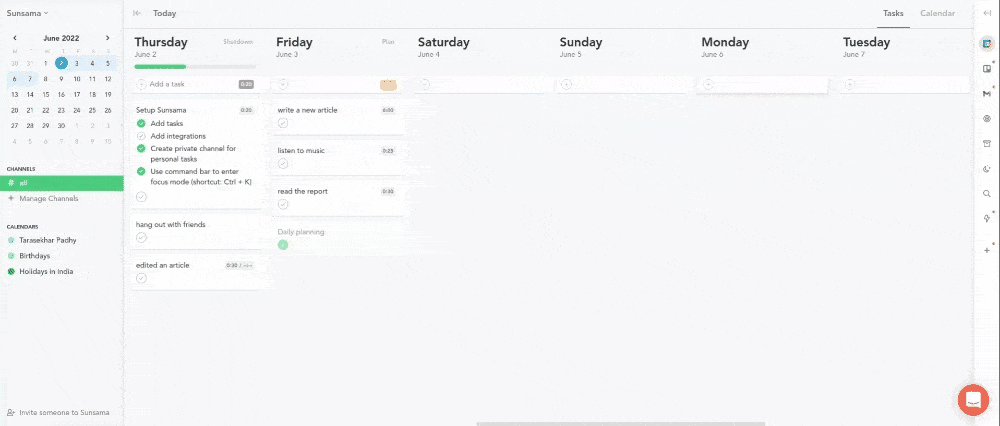 Sunsama Focus mode and time blocking
