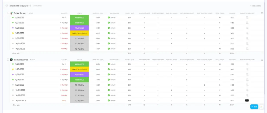 ClickUpのサービスタイムシートテンプレートは、サービスチームの労働時間を追跡・管理するために設計されています。   