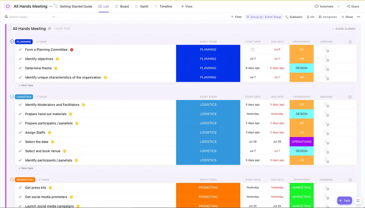 Plan, develop, and track team meetings with additional efficiency using the ClickUp All Hands Meeting Template