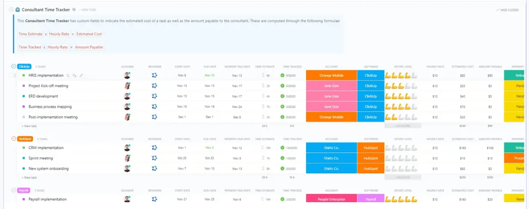 Le modèle de suivi du temps des consultants de ClickUp est conçu pour vous aider à suivre les heures facturables et les paiements d'un consultant.   