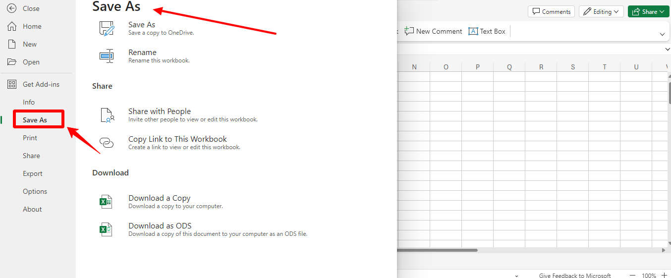 Save As section on Microsoft Excel