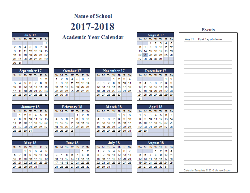 Modèle de calendrier mensuel académique Google Sheets par Vertex42