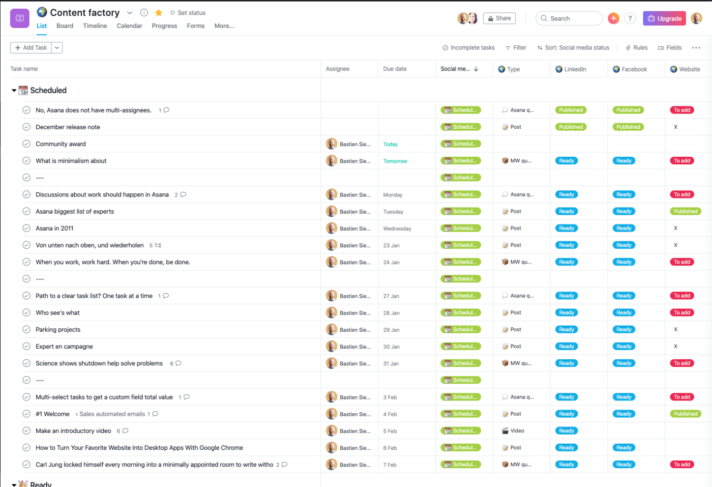 Tampilan daftar Asana