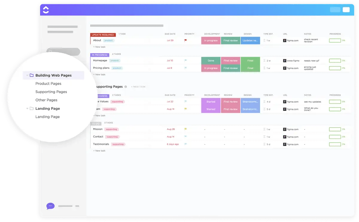 ClickUp Building Web Pages Template