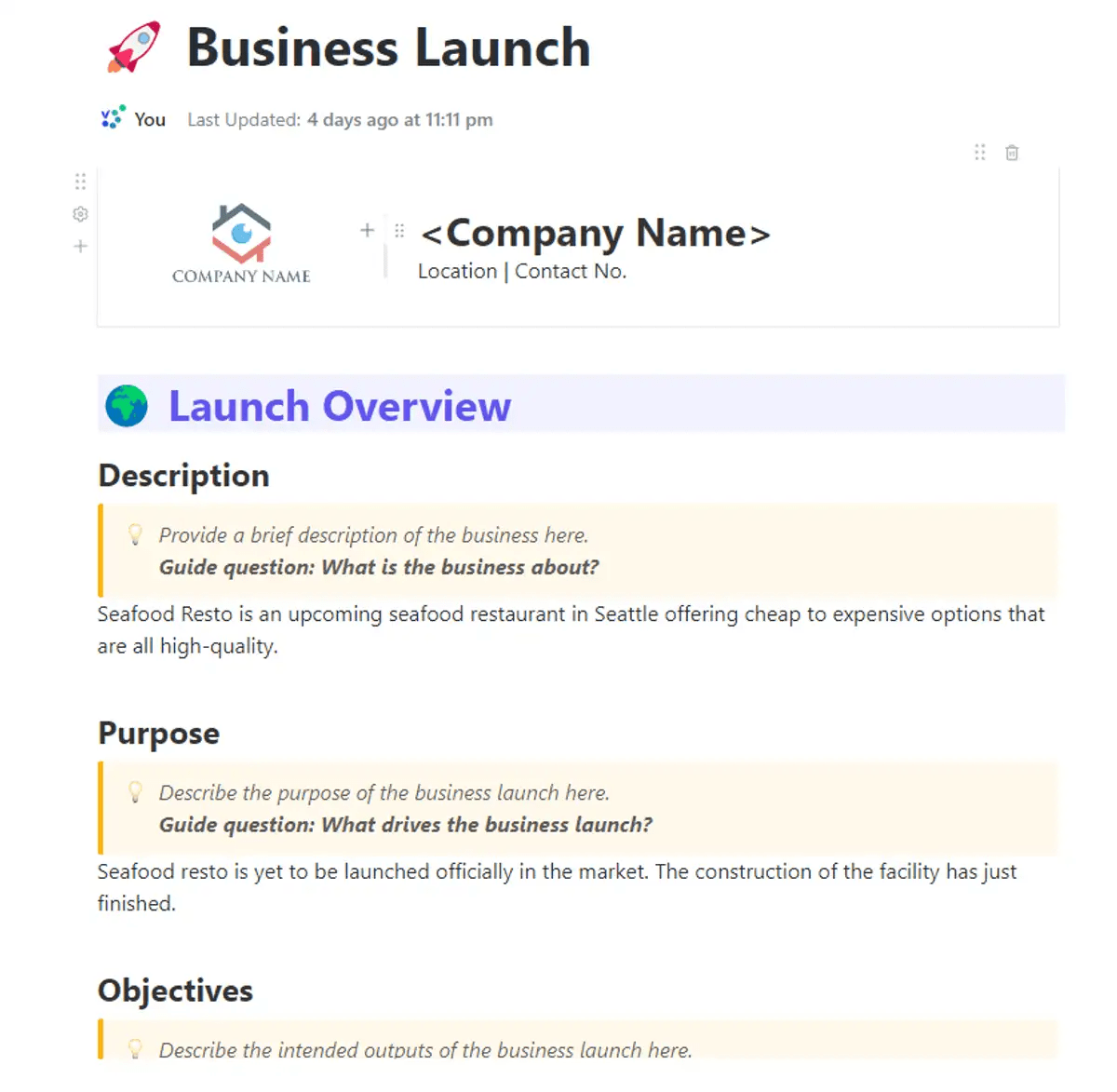 O modelo de lançamento de negócios do ClickUp foi criado para ajudá-lo a planejar, organizar e acompanhar o lançamento do seu negócio.