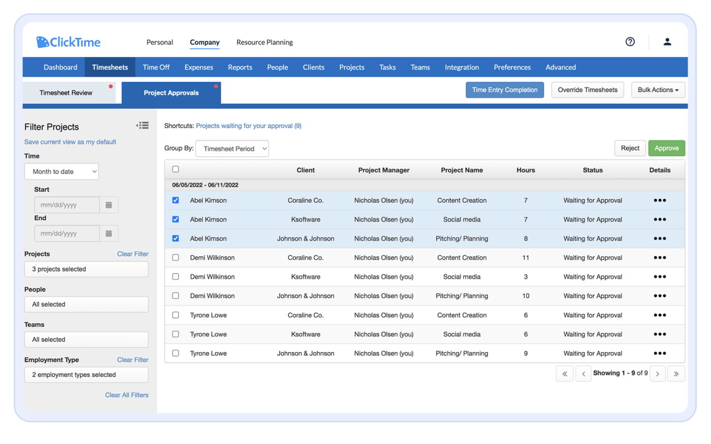 Painel de gerenciamento de projetos do ClickTime