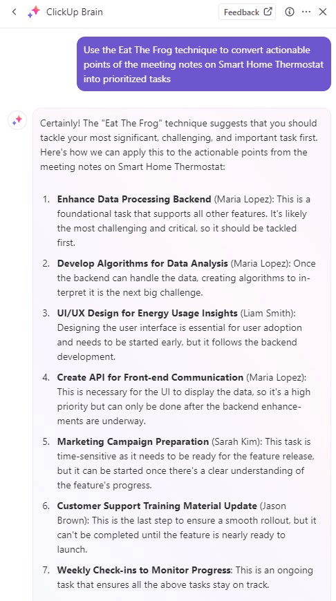 Using ClickUp AI to convert ideas into tasks using the Eat The Frog technique