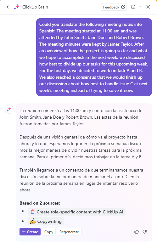 Conversión de idiomas con ClickUp Brain