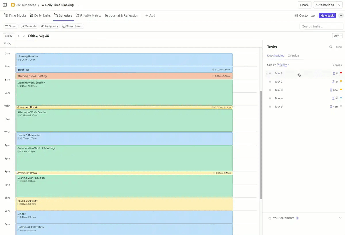 Dopasuj swoje zadania do godzin największej produktywności, korzystając z szablonu ClickUp Daily Time Blocking Template