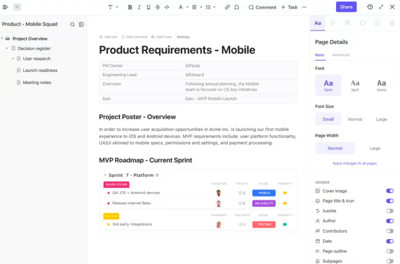 ClickUp Docs for product management